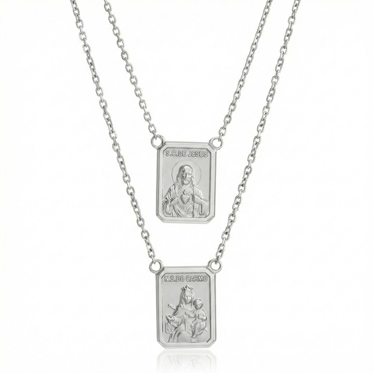 ESCDU60BP-Escapulário Face Dupla Retangular 9x12mm Sagrado Coração de Jesus e Nossa Sra Carmo Corrente Cartier 60cm 4,0g Ouro Branco 18k - Coleção Escapulário