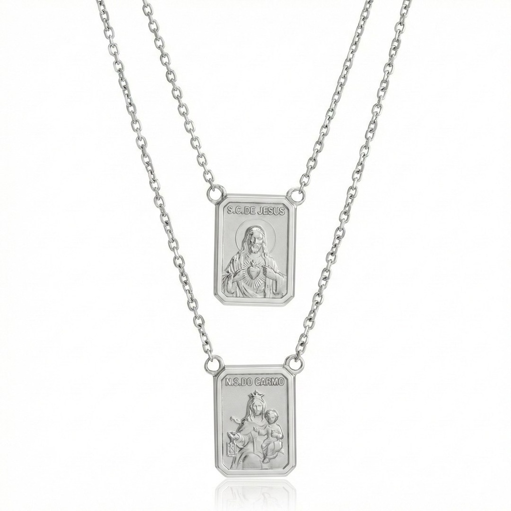 [077158] ESCDU60BP-Escapulário Face Dupla Retangular 9x12mm Sagrado Coração de Jesus e Nossa Sra Carmo Corrente Cartier 60cm 4,20g Ouro Branco 18k - Coleção Escapulário