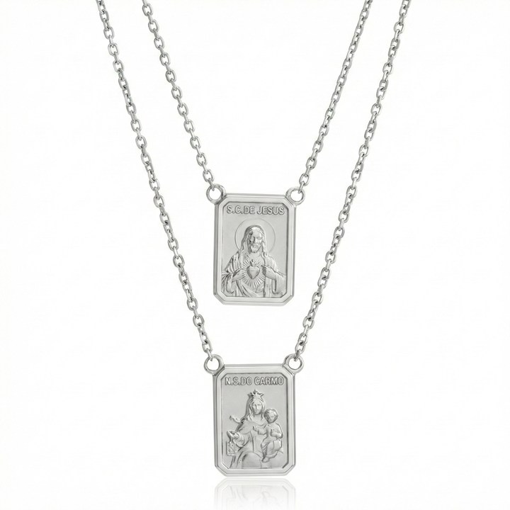 ESCDU60BP-Escapulário Retangular Sagrado Coração de Jesus e Nossa Sra Carmo 9x12mm Corrente Cartier Fechada 60cm 4,14g Ouro Branco 18k - Coleção Escapulário