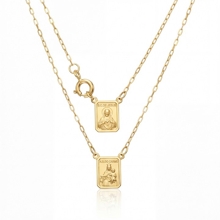 [055041] ESCSI48AP-Escapulário Infantil Face Simples Retangular 9x12mm Sagrado Coração de Jesus e Nossa Sra Carmo Corrente Cartier 48cm 1,90g a 2,00g Ouro Amarelo 18k - Coleção Escapulário