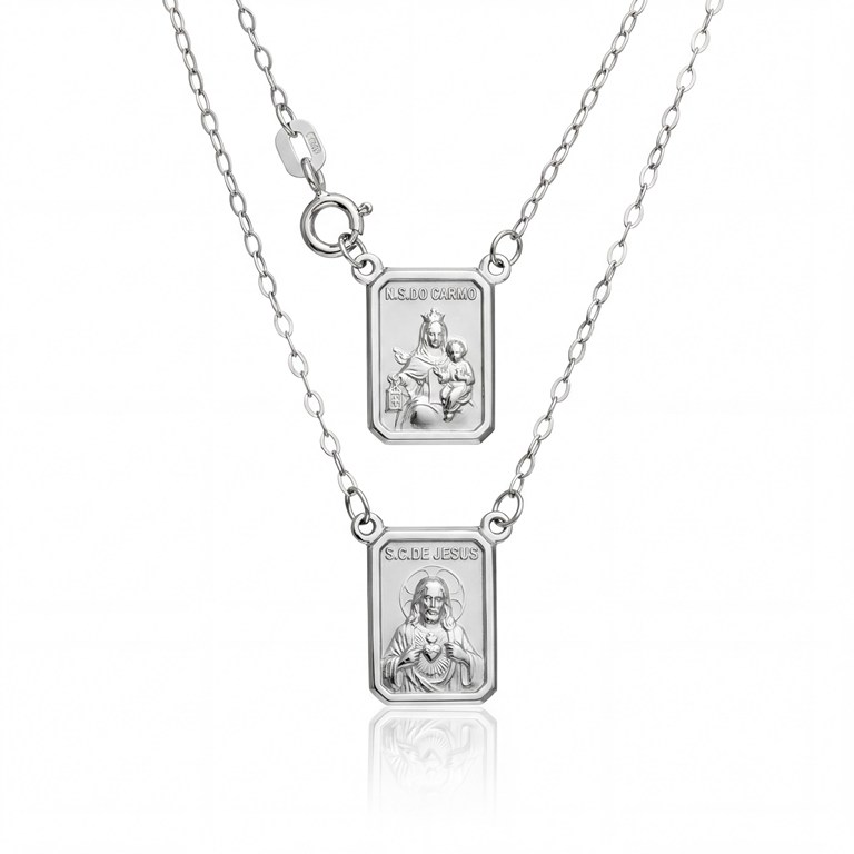 [055042] ESCSI48BP-Escapulário Infantil Face Simples Retangular 9x12mm Sagrado Coração de Jesus e Nossa Sra Carmo Corrente Cartier 48cm 2,00g Ouro Branco 18k - Coleção Escapulário