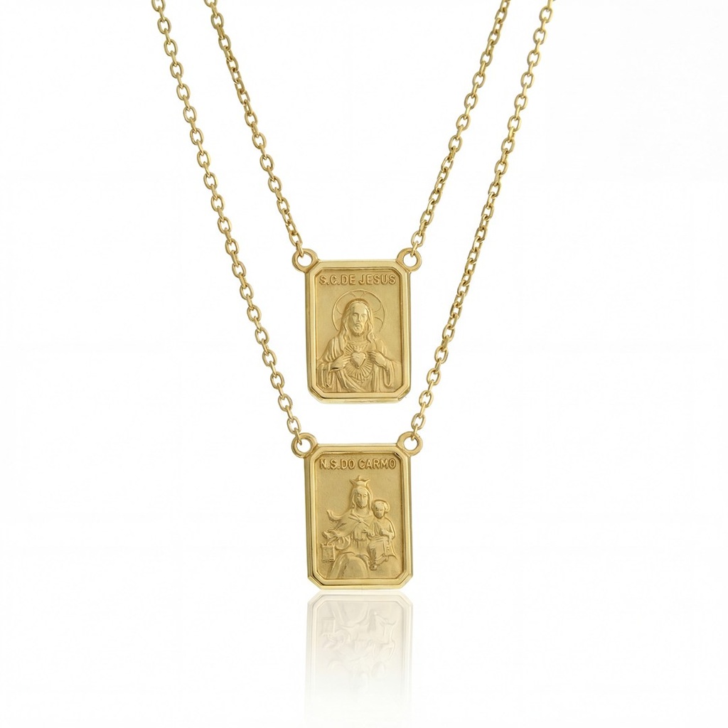[ESCSI60AP] ESCSI60AP-Escapulário Face Simples Retangular 9x12mm Sagrado Coração de Jesus e Nossa Sra Carmo Corrente Cartier 60cm 2,20g Ouro Amarelo 18k - Coleção Escapulário