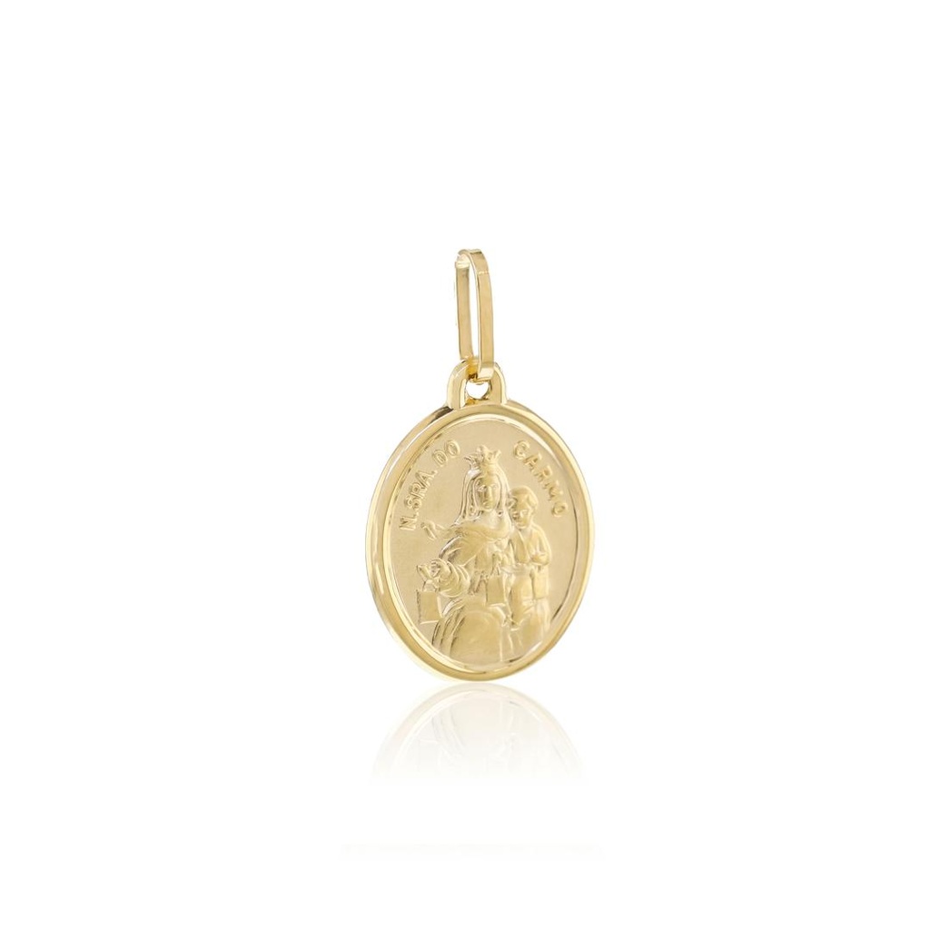 MEDALHA OVAL NOSSA SENHORA CARMO 13X15MM 1,12G OURO AMARELO 18K - COLEÇAO FÉ SANTOS