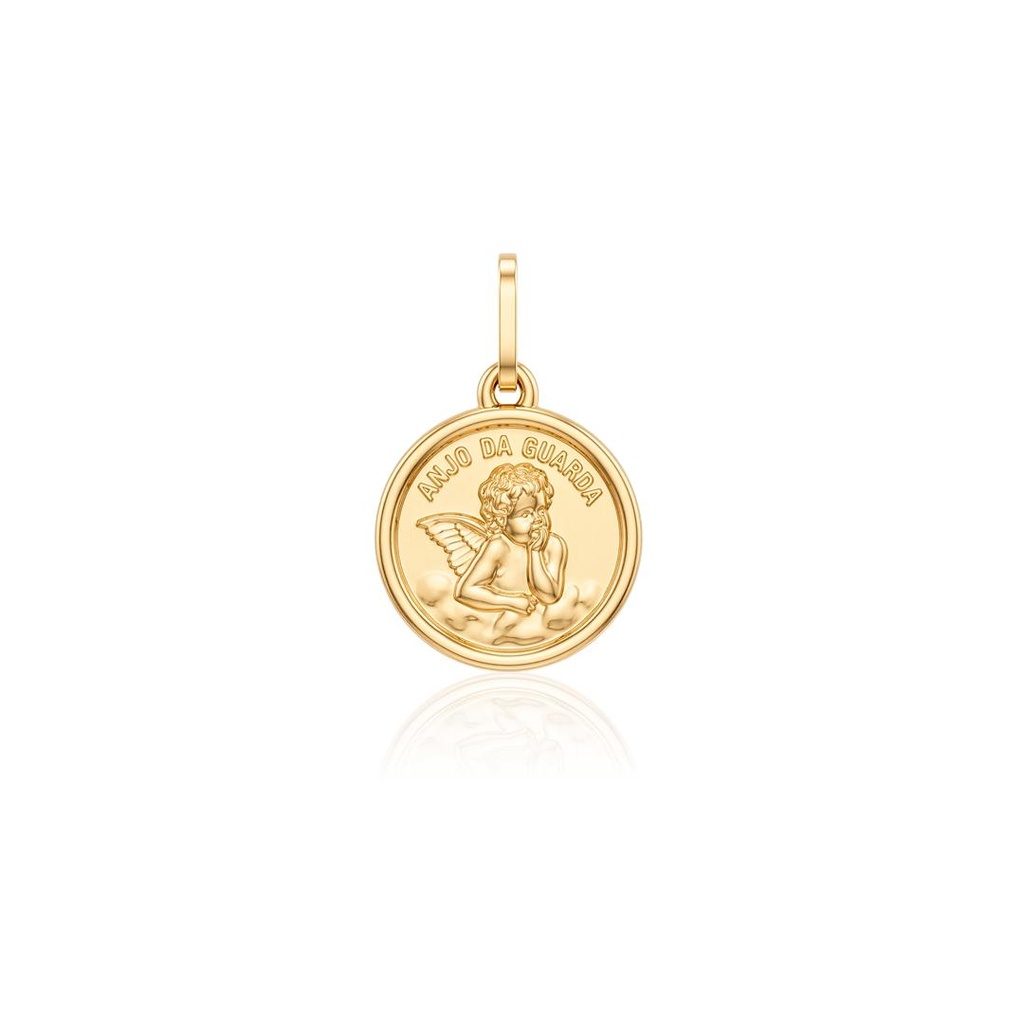 [069208] Medalha Redonda Anjo da Guarda com Forro 14mm 1,10g Ouro Amarelo 18k - Coleção Fe Santos