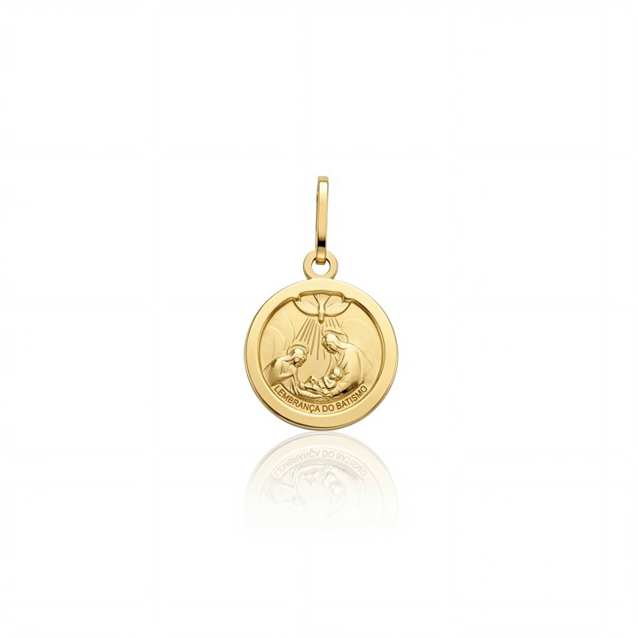 [069555] Medalha Redonda Batismo 8,80mm 0,60g Ouro Amarelo 18k - Fe Santos