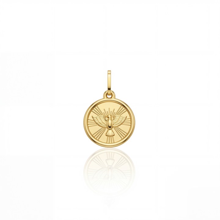 [059355] Medalha Redonda Divino Espírito Santo com Forro 14mm 1,15g Ouro Amarelo 18k - Coleção Fe Santos