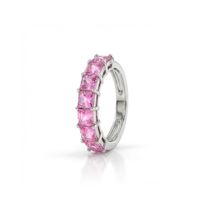[075910] Meia Aliança Dedinho 7 Safiras Rosa Carré 1,90ct 2,52g Ouro Branco 18k - Coleção True Colors