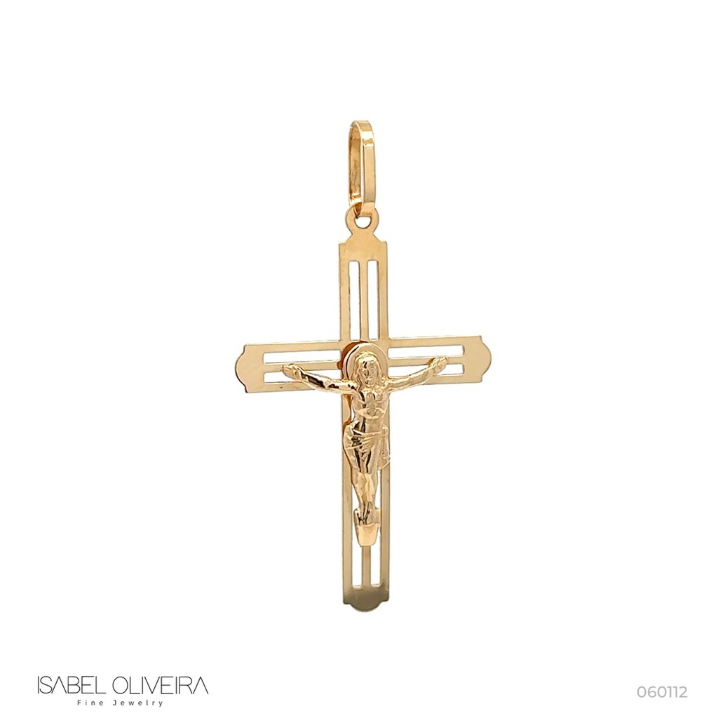 [060112] Pingente Cruz Vazada Cristo Pendurado 42,90mm x 27,00mm 2,30g Ouro Amarelo 18k - Coleção Crucifixos