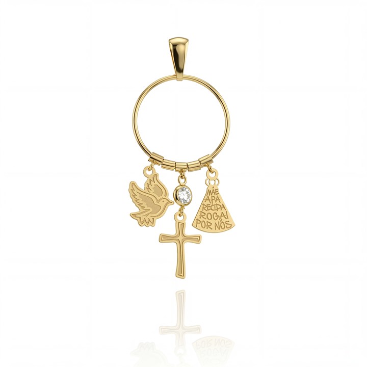 [052571] Pingente Argola Nossa Sra Aparecida, Espírito Santo e Cruz com Zircônia 1,10 Ouro Amarelo 18k - Coleção Fe Santos