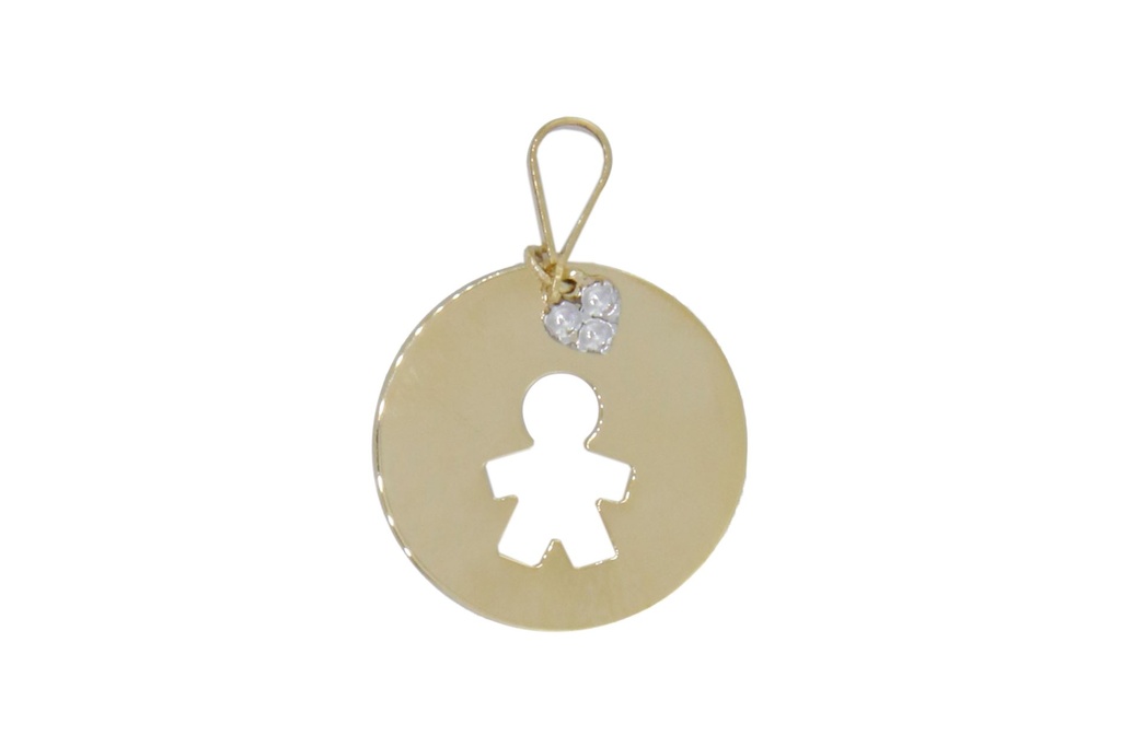 PINGENTE CHAPA REDONDA 13MM MENINO VAZADO E CORAÇAO PENDURADO 3 PEDRAS 0,60G OURO AMARELO 18K - COLEÇAO MAES E FILHOS