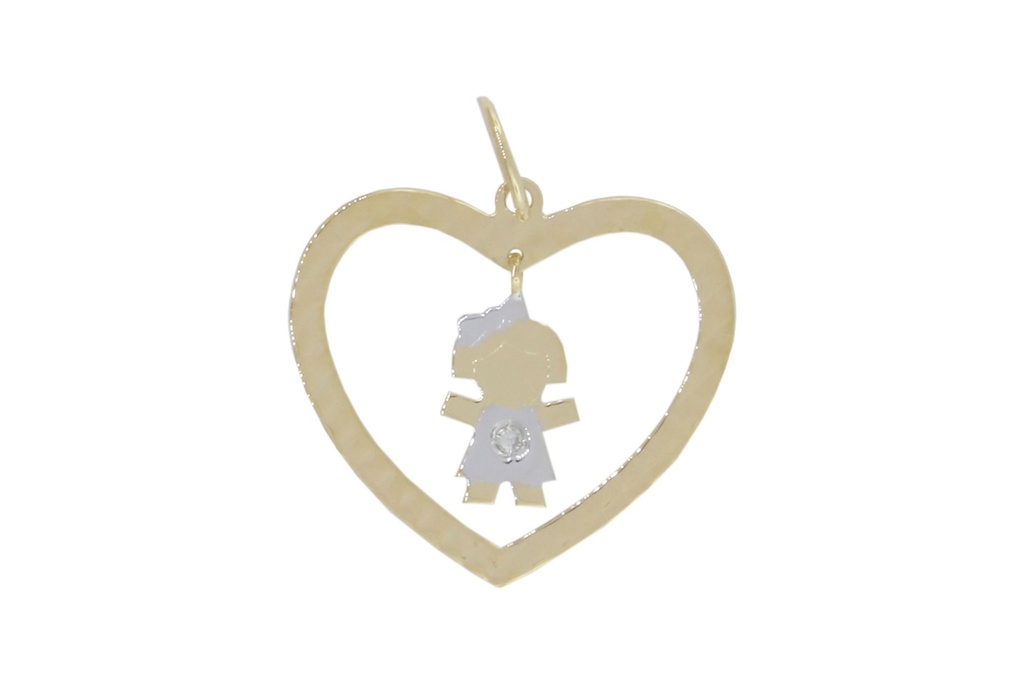 [049140] Pingente Coração Vazado com Menina 1 Brilhante 0,005ct 0,50g Ouro Amarelo 18k - Coleção Mães e Filhos