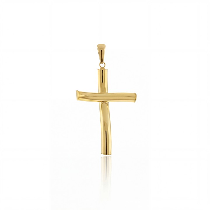 PINGENTE CRUZ CURVADA 40MM 2,10G OURO AMARELO 18K - COLEÇAO CRUCIFIXOS