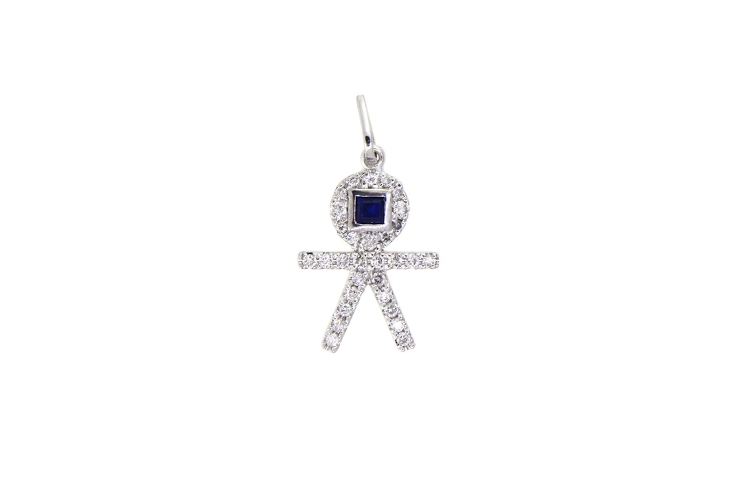 [043790] PINGENTE MENINO PALITO 1 SAFIRA CARRE 0,08CT 30 BRILHANTES 0,17CT H VS2 0,50G OURO BRANCO 18K - MAES E FILHOS