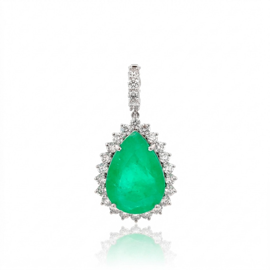[076343] Pingente Tira e Poe Clássico I Esmeralda Colombiana Gota 16,76ct 26 Brilhantes 2,20ct H VS2 9,72g Ouro Branco 18k - Coleção Colômbia Emerald
