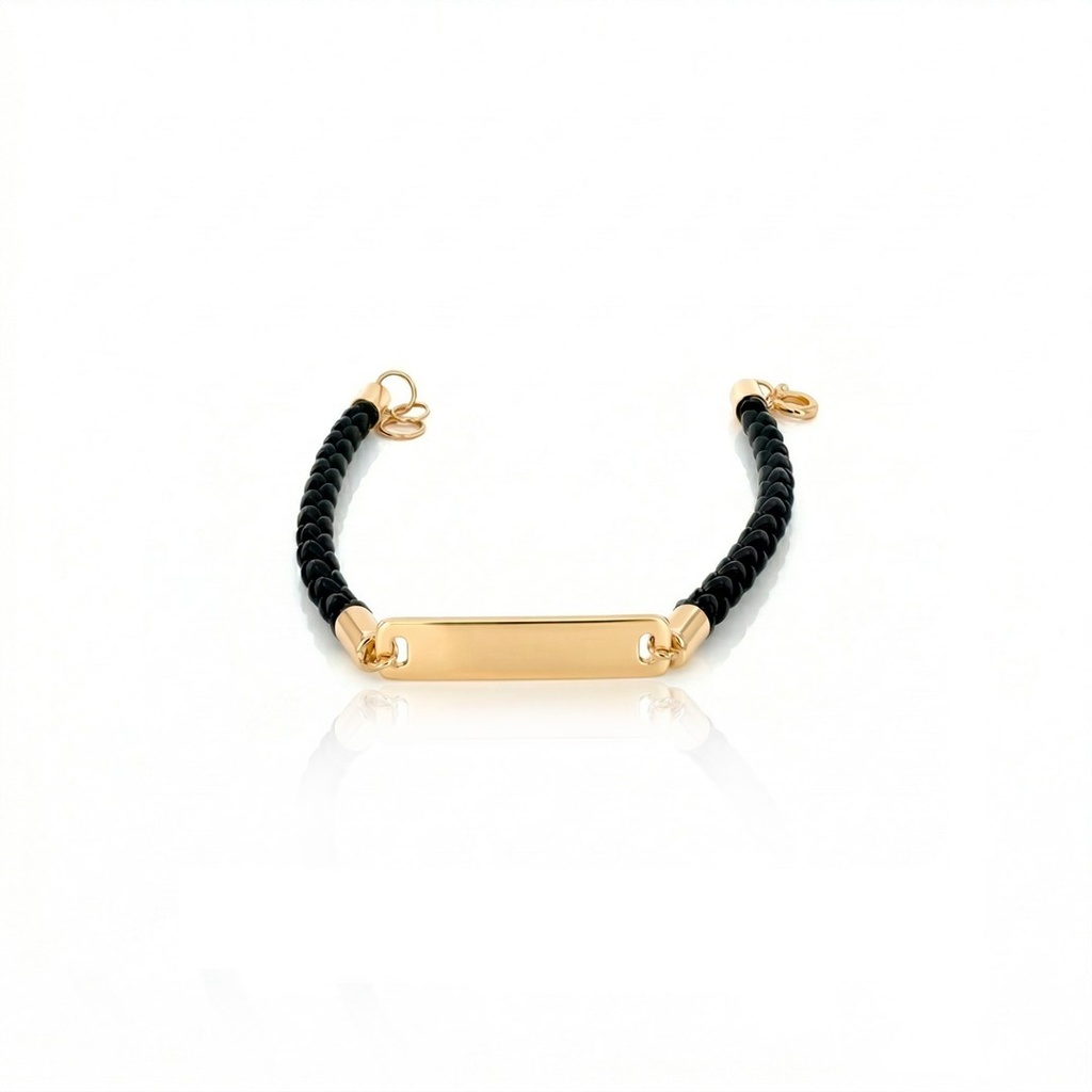 [076664] Pulseira Couro Trancado com Plaquinha 2,52g Ouro Amarelo 18k - Coleção Kids