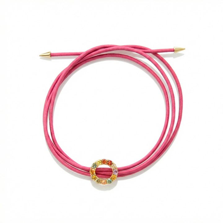 [075898] Pulseira Elastico Pink com Ponteira Spike com Pingente 12 Safiras Coloridas 0,96ct 3,45g Ouro Amarelo 18k - Coleção Kids