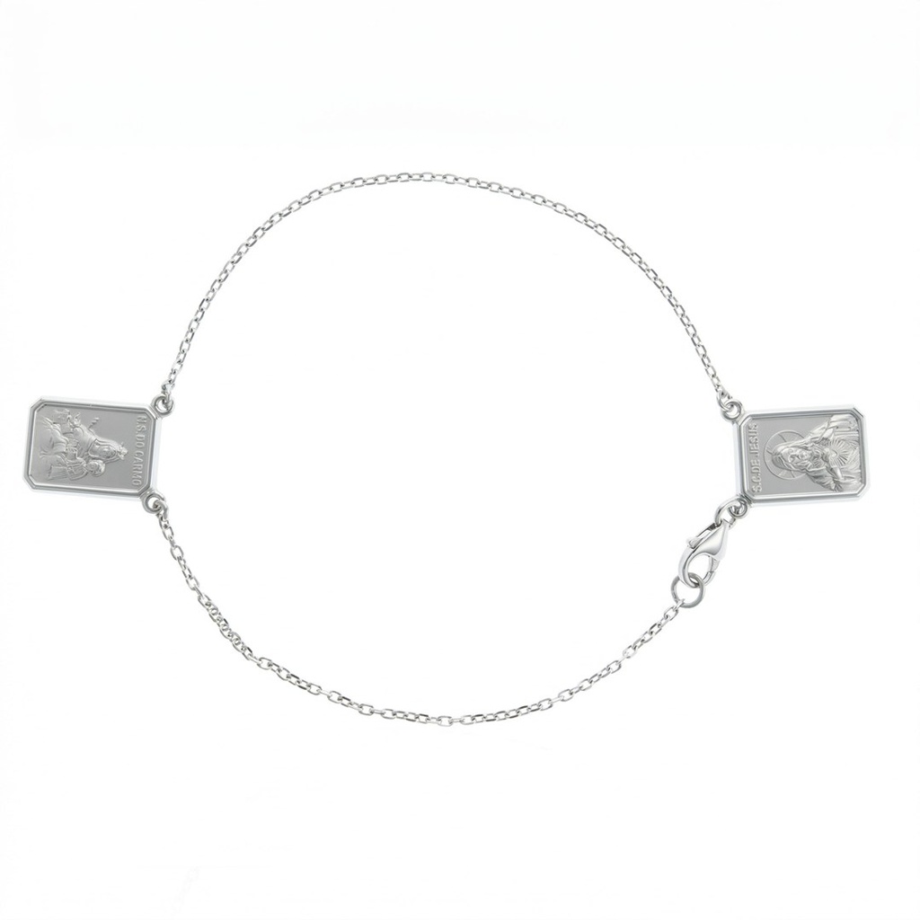 [051150] Pulseira Escapulário Sagrado Coração de Jesus e Nsa do Carmo 12x9 17cm 1,70g Ouro Branco 18k - Coleção Fe Santos