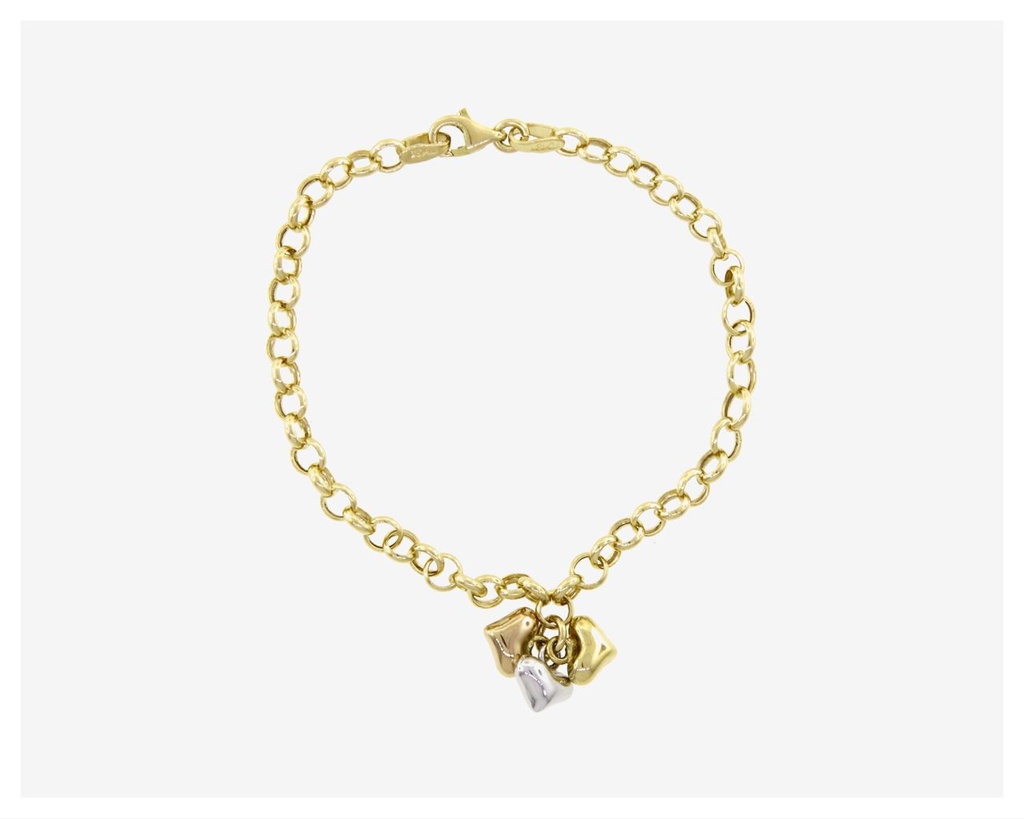 [042016] Pulseira Infantil Elo Português com 3 Pingentes Coração Detalhe Ródio Branco 2,70g Ouro Amarelo 18k - Coleção Kids