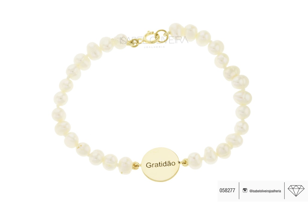 PULSEIRA PEROLA COM PLACA GRATIDAO 17,5CM 6,30G OURO AMARELO 18K - COLEÇAO OVER THE MOON