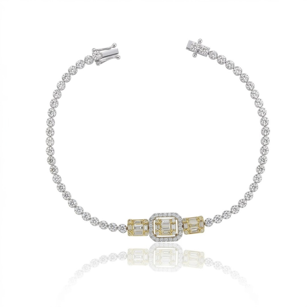 [076806] Pulseira Riviera 15 Diamantes Baguetes 0,51ct 84 Brilhantes 1,57ct 16,50cm 5,45g Ouro Branco e Amarelo 18k - Coleção Rivieras