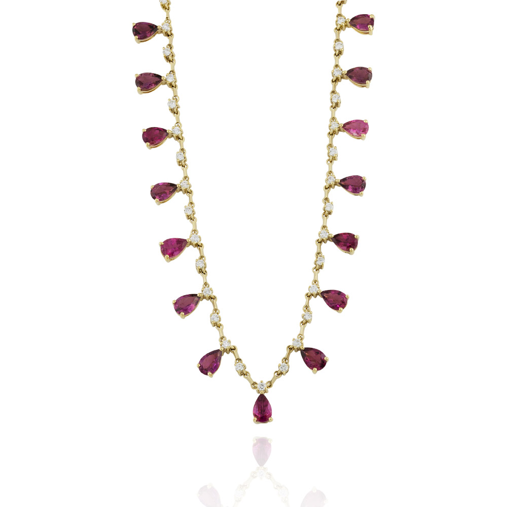 SET5-Colar 17 Rubelitas Gotas 6,49ct 33 Brilhantes 0,78ct H/i VS1 13,87g 45cm Ouro Amarelo 18k - Coleção Rubelita