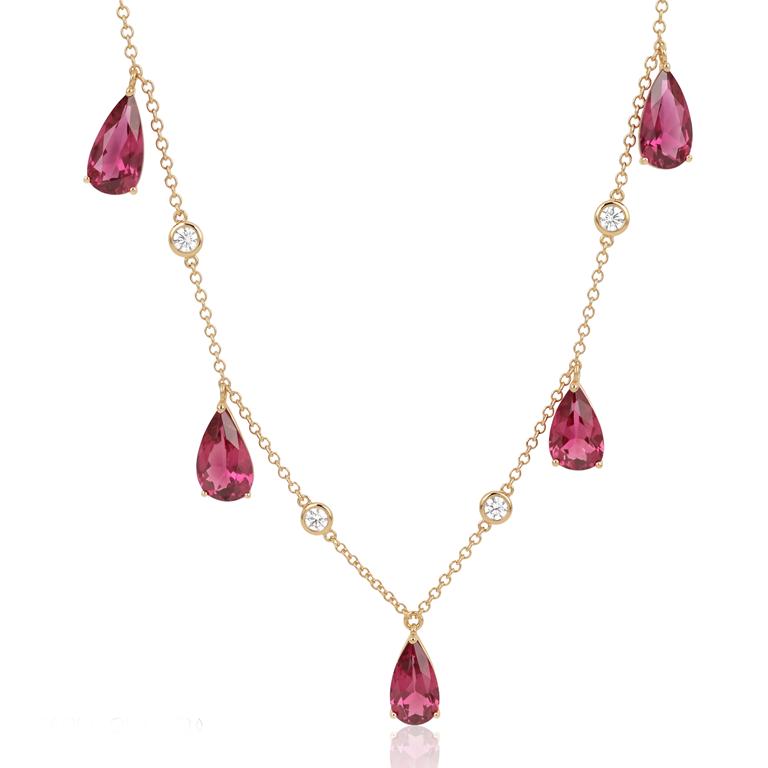 [064486] SET6-Colar 5 Rubelitas Gotas 7,37ct 6 Pastilhas Brilhantes 0,43ct H/i/j SI1/VS2 45cm 6,54g Ouro Amarelo 18k - Coleção Rubelita