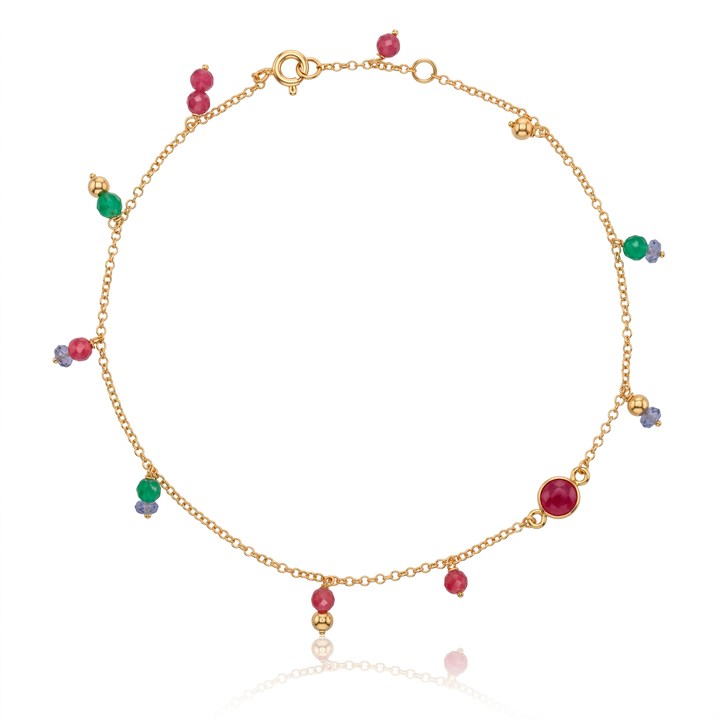 [035139] Tornozeleira 14 Pedras Coloridas 23,5cm 2,40g Ouro Amarelo 18k - Coleção Rainbow