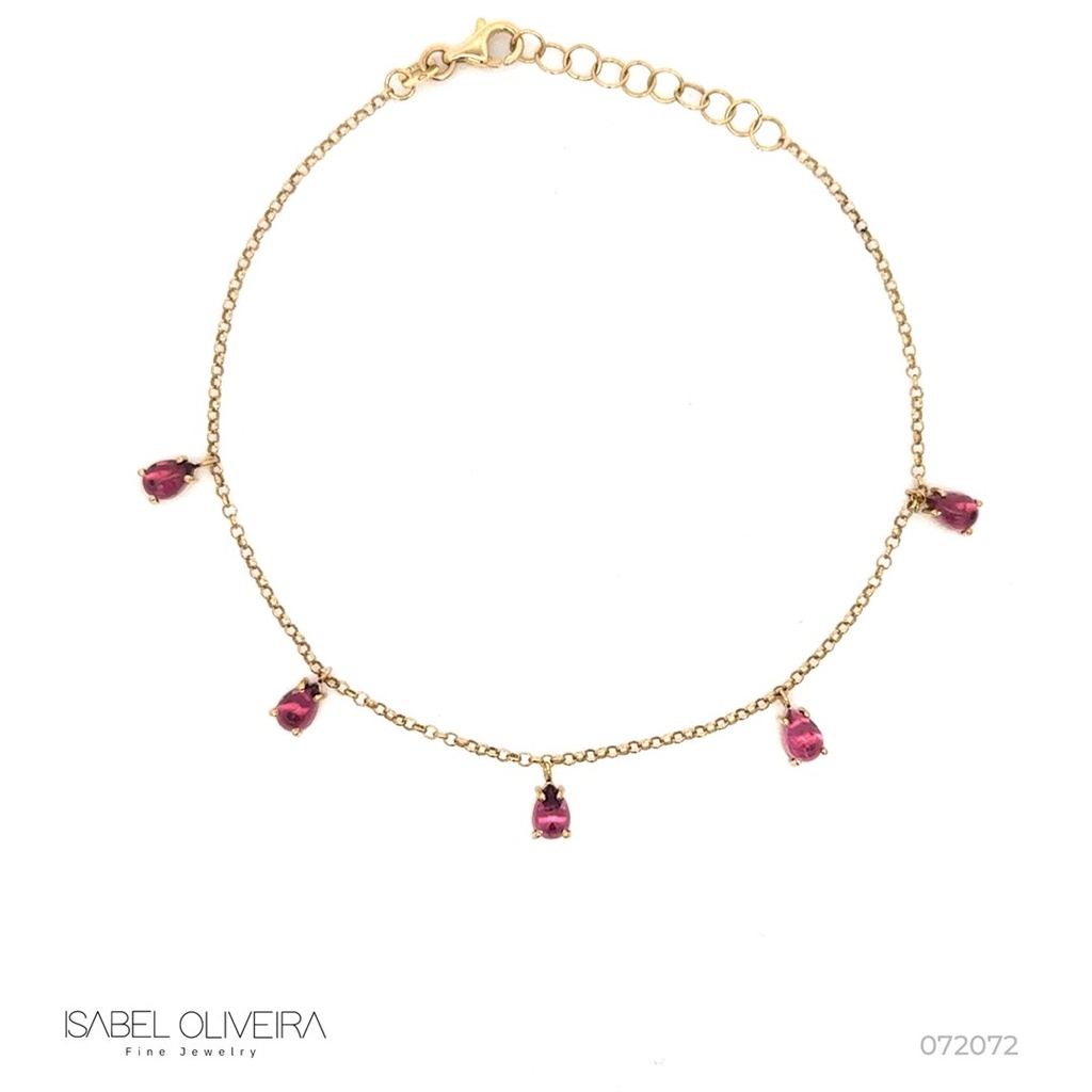 TORNOZELEIRA 5 TURMALINAS ROSA GOTA CABOCHAO 2,26CT 21CM 3,65G OURO AMARELO 18K - COLEÇAO FIOS E PASTILHAS