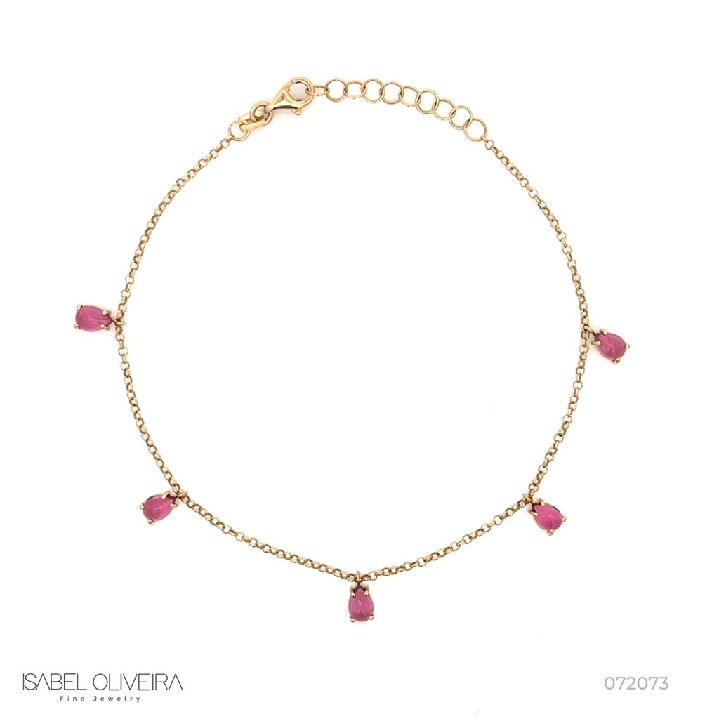 [072073] Tornozeleira 5 Turmalinas Rosa Gota Cabochão 2,37ct 24cm 2,94g Ouro Amarelo 18k - Coleção Fios e Pastilhas