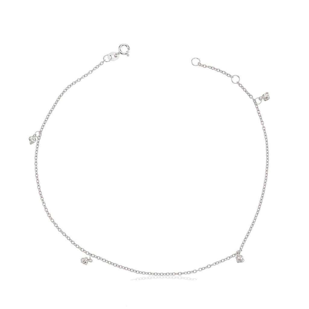 [025105] Tornozeleira com 4 Pingentes Zircônias Elo Cartier Arredondado 25,50cm 1,70g Ouro Branco 18k - Coleção Minimalista