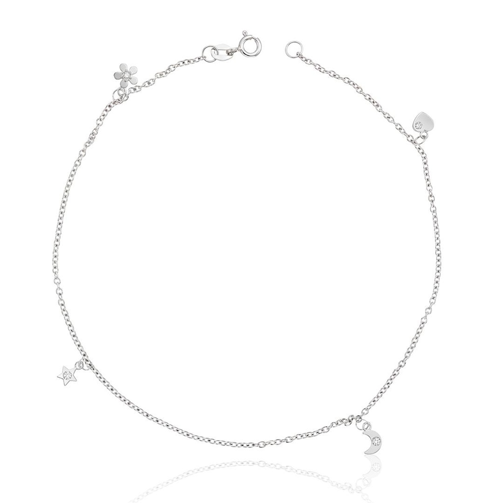 [060308] Tornozeleira Coracao, Lua, Flor e Estrela Zircônia 24cm 1,70g Ouro Branco 18k - Coleção Minimalista