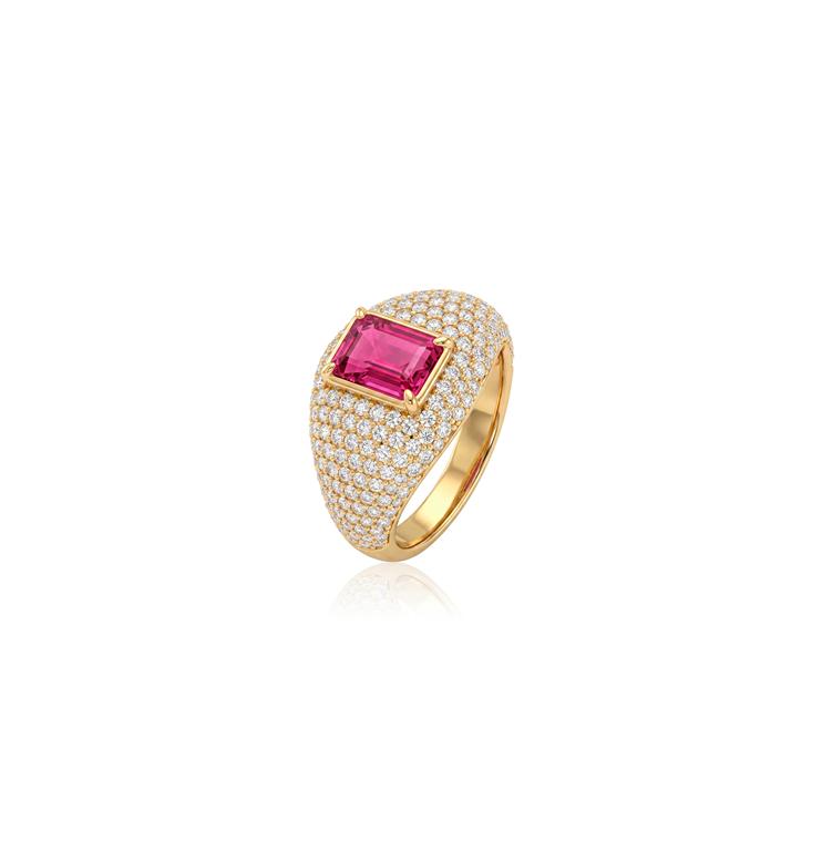 Anel Dedinho Bombê com Rubelita Octogonal 1,93ct 178 Brilhantes 1,53ct H VS2 7,20g Ouro Amarelo 18k - Coleção Rubelita