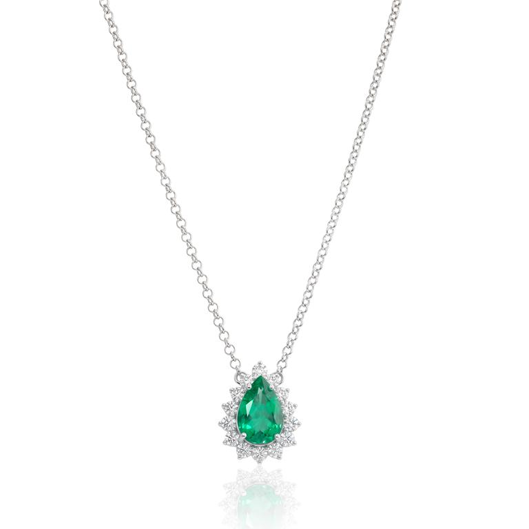 Colar Clássico Esmeralda Brasileira Gota 1,18ct 14 Brilhantes 0,42ct H SI1 45cm 3,75g Ouro Branco 18k - Coleção Brazilian Emerald