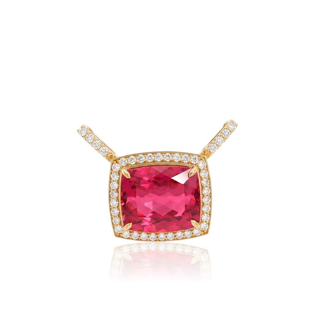 PINGENTE TIRA E POE RUBELITA OCTOGONAL 21,56CT 42 BRILHANTES 1,20CT H VS2 11,04G OURO AMARELO 18K - COLEÇAO RUBELITA