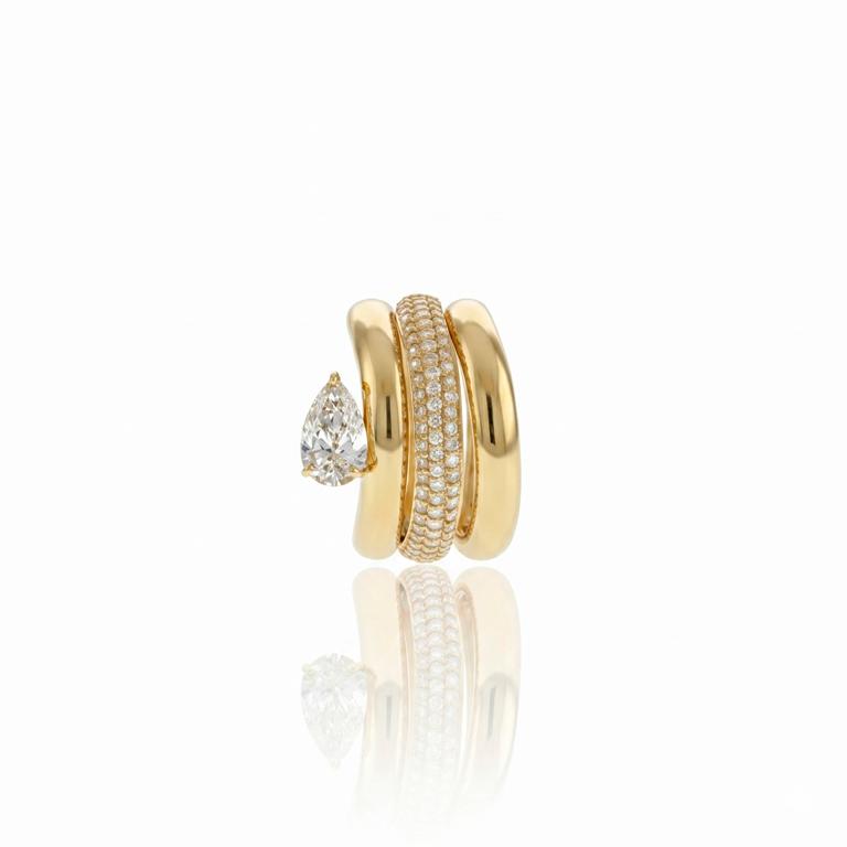 [077155] Anel Triplo 1 Diamante Gota 1,0ct g SI1 73 Brilhantes 0,53ct H VS2 9,00g Ouro Amarelo 18k - EGL 1701922931 - Coleção Laisa