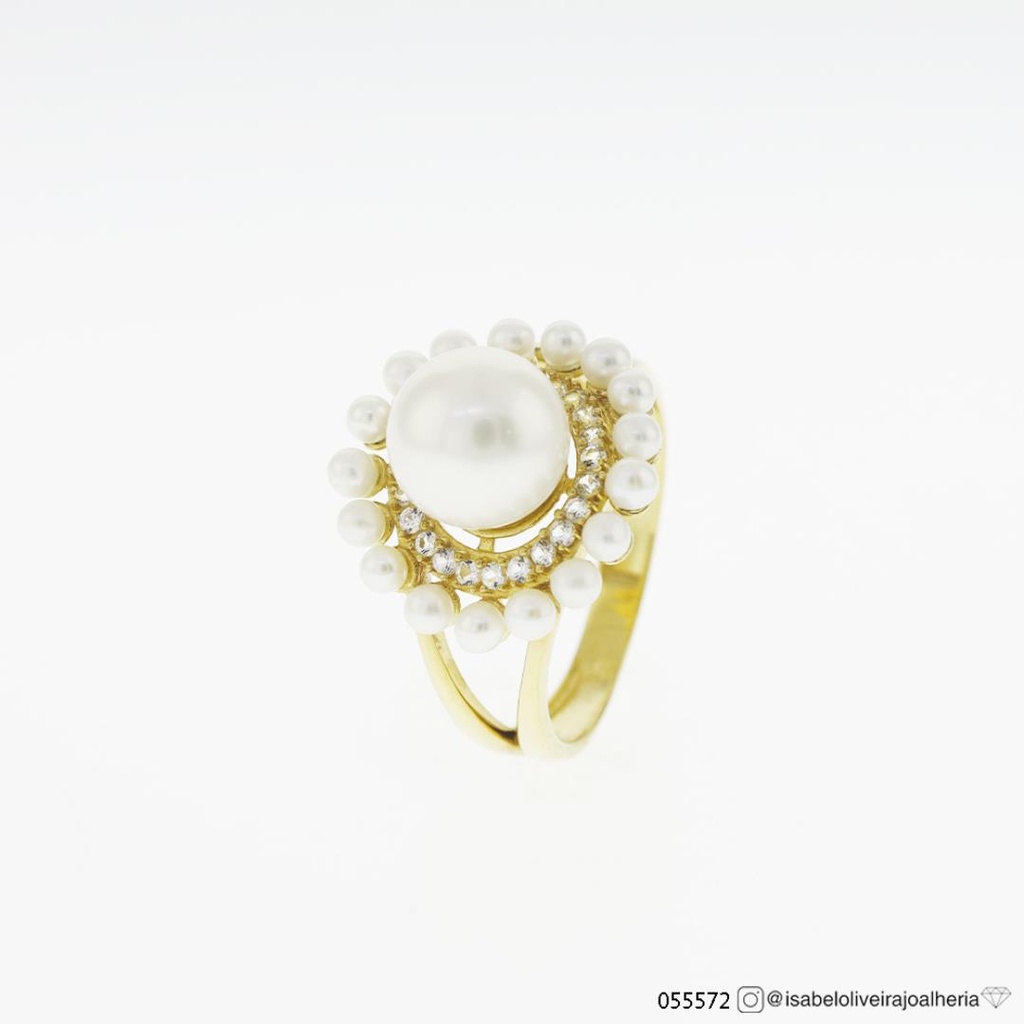 [055572] ANEL 1 PEROLA 8,00MM  17 PEROLAS 2,25MM 23 SAFIRAS BRANCA 1,25MM 4,10G OURO AMARELO 18K - COLEÇAO OVER THE MOON