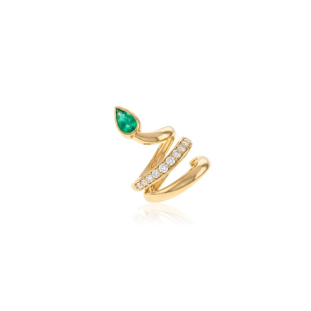 [077170] Anel 2 Aros Lisos Esmeralda Brasileira Gota 0,70ct 13 Brilhantes 0,65ct H VS2 6,80g Ouro Amarelo 18k - Coleção Brazilian Emerald