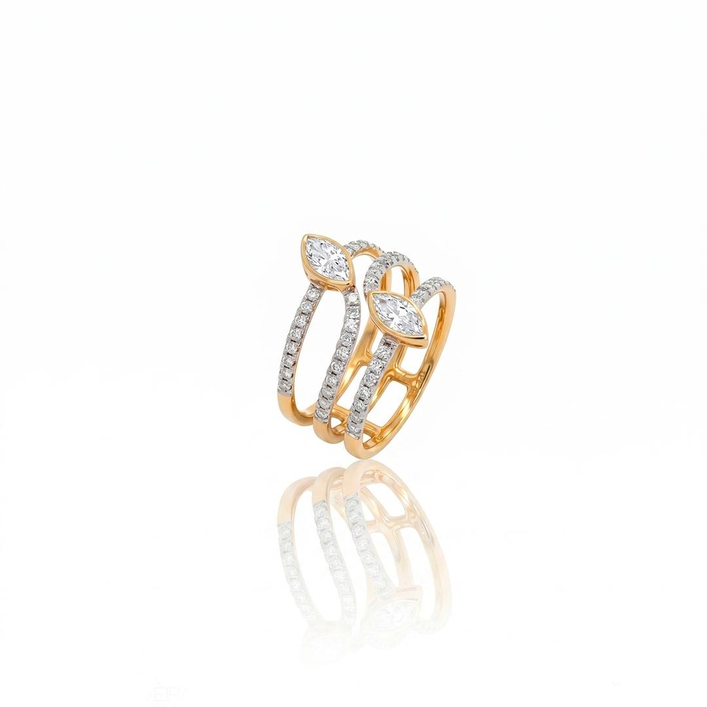 [075308] Anel 3 Aros 2 Diamantes Navetes 0,56ct 50 Brilhantes 0,38ct 4,41g Ouro Amarelo 18k - Coleção Laisa