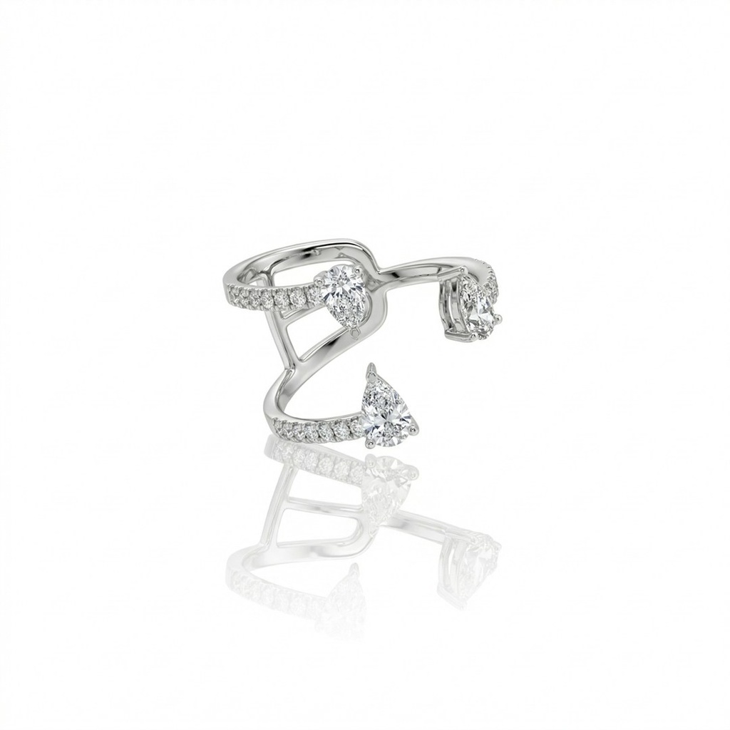 [076874] Anel 3 Aros Abertos 3 Diamantes Gota 0,74ct 21 Brilhantes 0,20ct 3,36g Ouro Branco 18k - Coleção Laisa