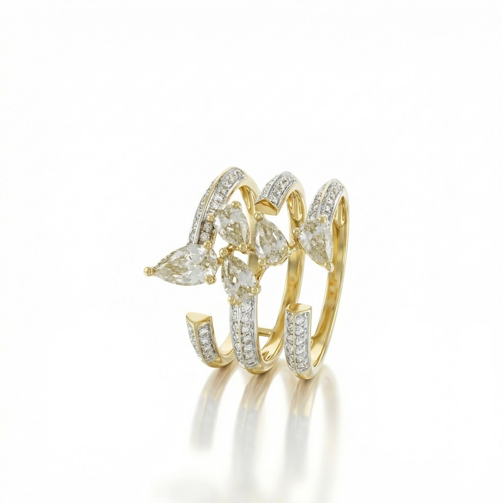 [075312] ANEL 3 AROS ABERTOS 5 DIAMANTES GOTA 1,16CT 80 BRILHANTES 0,37CT 5,75G OURO AMARELO 18K - COLEÇAO LAISA
