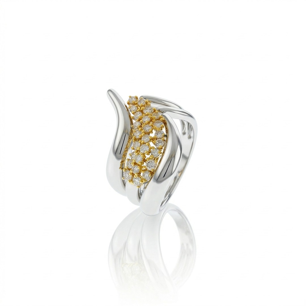 [076882] Anel 4 Aros Lisos 25 Brilhantes 0,68ct 8,37g Ouro Branco e Amarelo 18k - Coleção Laisa