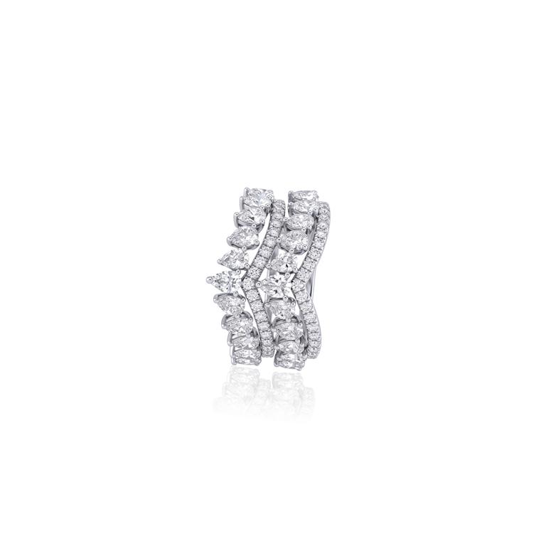 [065483] Anel 4 Aros V 22 Diamantes Gotas 1,83ct 38 Brilhantes 0,42ct 5,24g Ouro Branco 18k - Coleção Laisa