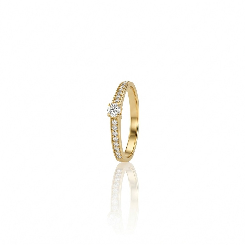 [064928] 10-ANEL SOLITARIO 1 BRILHANTE 0,12CT 16 BRILHANTES 0,17CT G VS1  2,23G OURO AMARELO 18K - COLEÇAO ONLY YOU