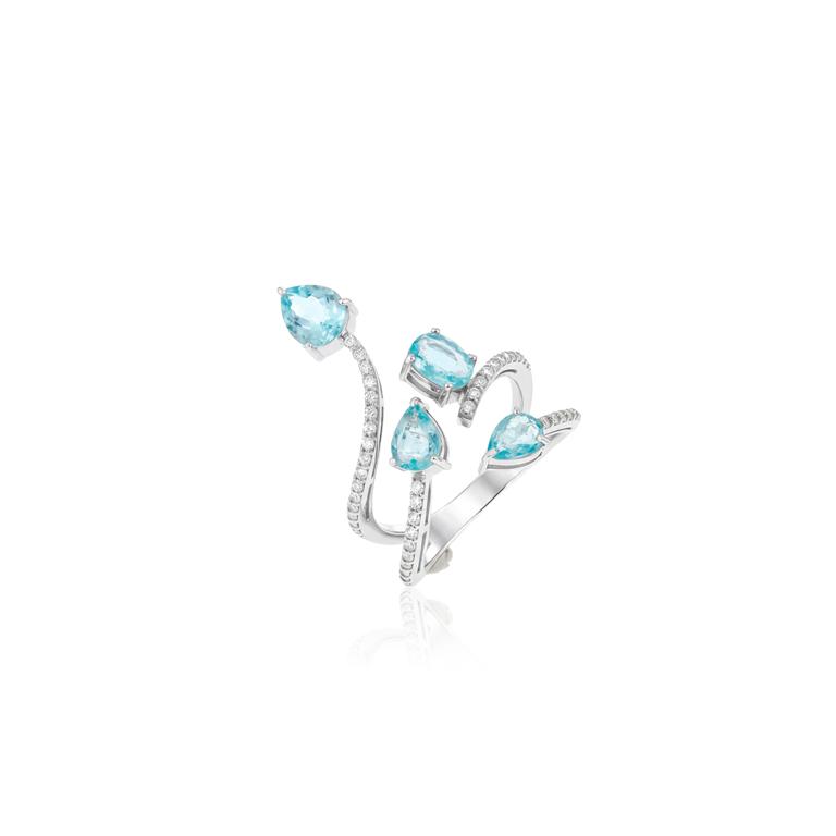 [072493] Anel Aberto 4 Aros Turmalina Paraiba Oval e Gota 1,68ct 44 Brilhantes 0,32ct 5,39g Ouro Branco 18k - Coleção Caribbean Blue