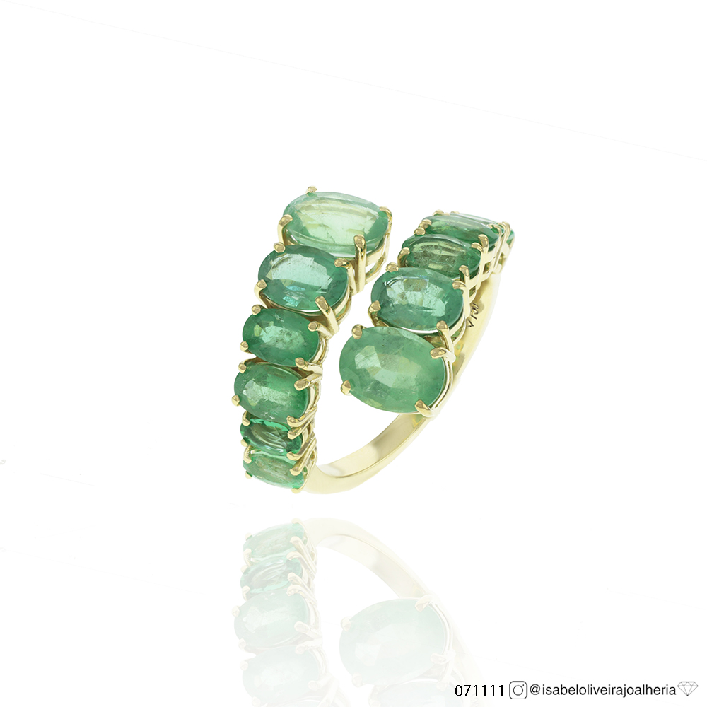 ANEL DEGRADE 12 ESMERALDAS BRASILEIRAS OVAL 6,80CT 6,95G OURO AMARELO 18K - CERTIFICADO BELMONT - COLEÇAO BRAZILIAN EMERALD