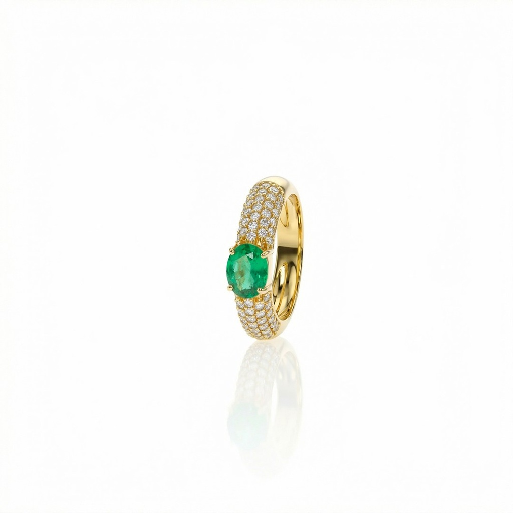 [072438] Anel Esmeralda Colombiana Oval 0,82ct 5 Fileiras Pavê 62 Brilhantes 0,59ct g VS1 3,90g Ouro Amarelo 18k - Coleção Colômbia Emerald
