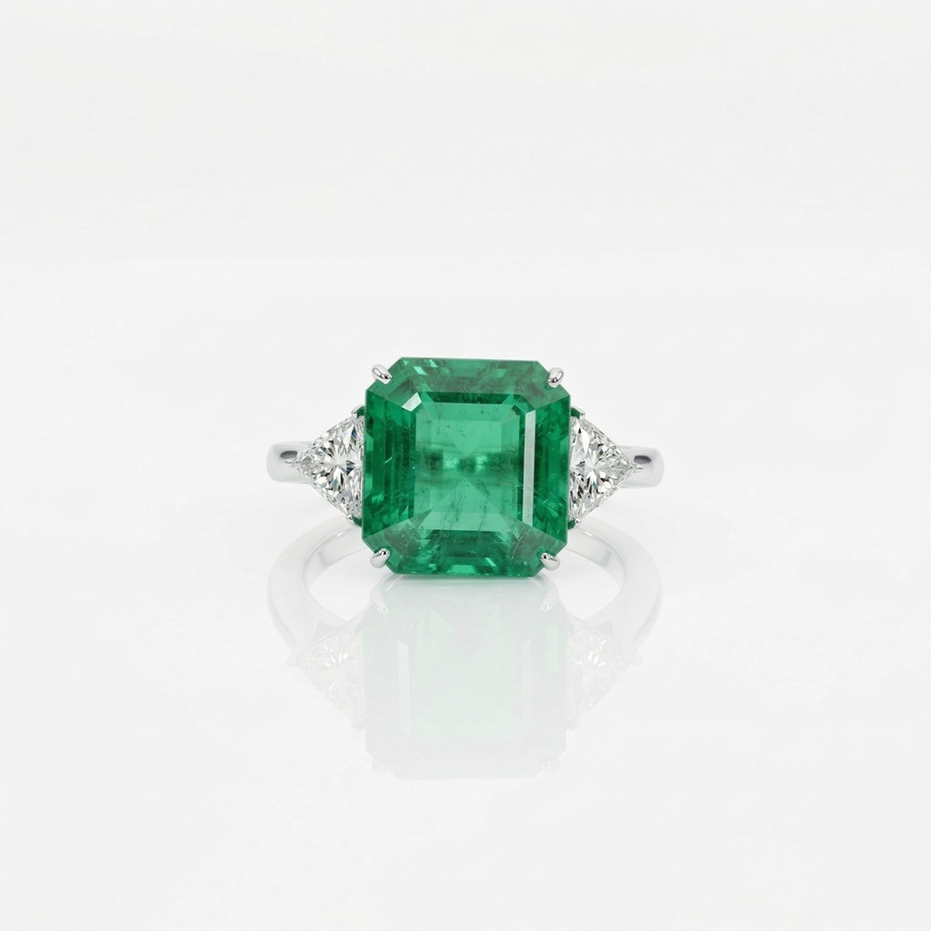 ANEL ESMERALDA COLOMBIANA QUADRADA 14,07CT 2 DIAMANTES TRILLION 1,79CT 7,26G OURO BRANCO 18K - COLEÇAO COLOMBIA EMERALD
