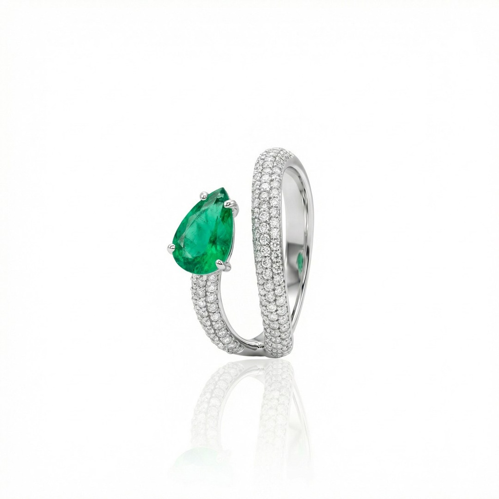 [074677] Anel Onda Aberto 1 Esmeralda Colombiana Gota 1,01ct 111 Brilhantes 0,54ct 3,28g Ouro Branco 18k - Coleção Colômbia Emerald