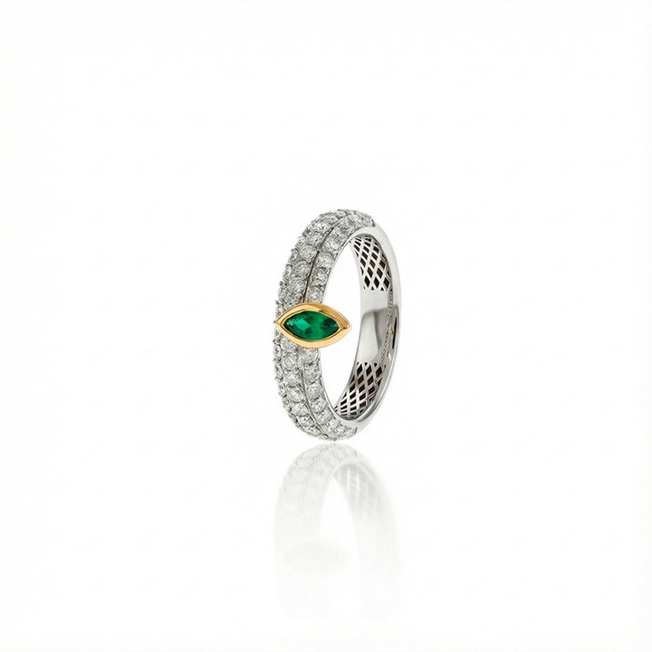 [075858] Anel Pavê 3 Fileiras Esmeralda Brasileira Navete 0,20ct 54 Brilhantes 1,07ct H VS2 5,52g Ouro Branco e Rose 18k - Coleção Brazilian Emerald