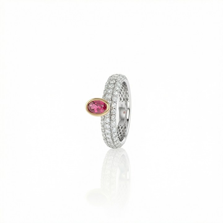[075859] Anel Pavê 3 Fileiras Rubelita Oval 0,38ct 54 Brilhantes 1,04ct H VS2 5,42g Ouro Branco e Rose 18k - Coleção Rubelita